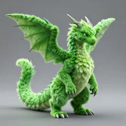 a 3 d render of a green, feathery, male, anthropamphic dragon a spike at the tip of his tail, in the style of pet's dragon