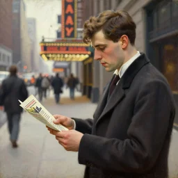 attractive man handing out flyers to a broadway show, 1 9 2 0 s new york city, broadway, melancholy, nostalgia, painting by gaston bussiere, craig mullins, j. c. leyendecker
