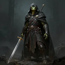 humanoid lizardfolk, cloak and hood warrior, evil sword. Matte painting by Craig Mullins and Anato Finnstark style of dungeons and dragons, dark fantasy, style of game of thrones, concept art trending on artstation, 4k, insane details