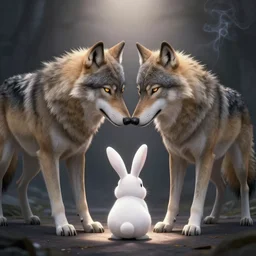 the wolf loves the rabbit, love, anime, detailed, symmetric lights and smoke, symmetrical composition, cinemática, hyper realism, 8k, octane render, 8k