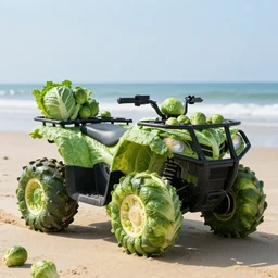 all terrain vehicle made of cabbage with wheels made from brussels sprouts at the beach having fun