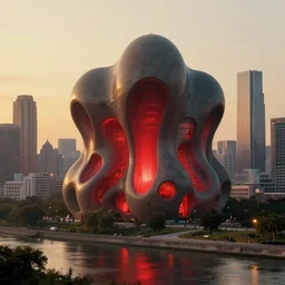 An epic architectural rendering of a blob shaped trypophobia house with a mysterious red glow emitting from inside in a modern cityscape next to a river, by Greg Rutkowski and Martin Johnson Heade, tunning, gorgeous, golden ratio, photorealistic, featured on artstation, 4k resolution