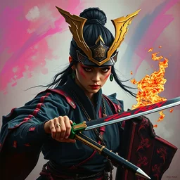 portrait of a fighting female samurai warrior, goth punk, vibrant colors, surreal, a french baroque by by alexander mcqueen, art by greg rutkowski by john william waterhouse, oil on canvas, octane render