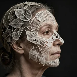 a 6 0 year old woman's face in profile, made of intricate decorative lace leaf skeleton, in the style of the dutch masters and gregory crewdson, dark and moody, depth of field