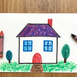 drawing of a house by a three year old with crayons