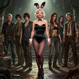highly detailed portrait of marilyn monroe, playboy bunny costume, velvet stockings, fullbody, in the walking dead, stephen bliss, unreal engine, fantasy art by greg rutkowski, loish, rhads, ferdinand knab, makoto shinkai and lois van baarle, ilya kuvshinov, rossdraws, tom bagshaw, global illumination, radiant light, detailed and intricate environment