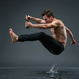 an epic portrait of a man jumping in the while holding a bottle, feet kick, highly detailed, high quality, 8k HDR, path tracing, epic image, realistic face, hyperrealistic, badass pose, digital art, five fingers, anatomically correct, dramatic lighting, studio quality, profile photo