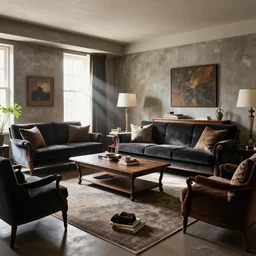 a tastefully decorated living room with dark luxurious furnishings, and a mix of antique and modern furniture, and a mix of concrete and wood finishes, god rays