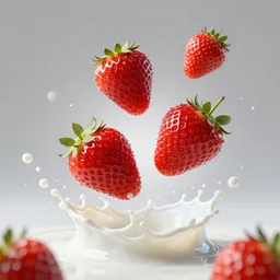 strawberries hovering, milk splashes, advertising photo, highspeed photo, studio lighting