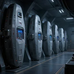 epic professional digital art of interior scene of dark spaceship room of upright advanced stasis pods lining wall, by hamish frater, vfx, volumetric, 4 k, cinematic, detailed, artstation, cgsociety, epic, stunning, gorgeous, wow wow detail