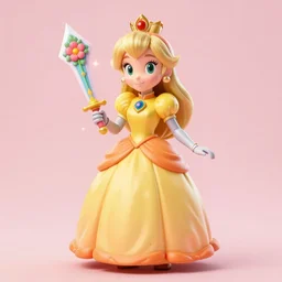 Princess Daisy in a yellow and orange dress holding a floral sword, realistic, digital image, pastel colors, 4k, 100lb cardstock