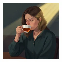 editorial illustration by karolis strautniekas and mads berg, portrait of a sad young woman drinking tea, colorful, fine texture, detailed, muted colors, film noir, dramatic lighting, dynamic composition, vivid, matte print, wide angle, ( ( sunbeams ) ), moody, extreme perspective