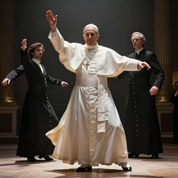 Nun dancing with the pope, dramatic lighting, cinematic, establishing shot, high detail, cinematic lighting, post processed, 8k, concept art, artstation, matte painting, in the style of eddie mendoza, raphael lacoste, alex ross