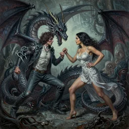 intricate painting of salma hayek fighting a dragon by dariusz zawadski and alan lee and gris grimly, contemporary, creepy, acrylic
