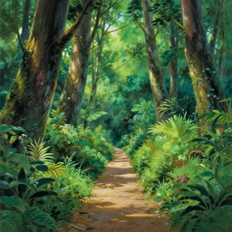 landscape forest deep jungle walkway panorama, gouache painting illustration, inspired by disney, by ghibli, by anime, by makoto shinkai, sharp, gouache painting masterpiece, highly detailed, as gouache painting trending on artstation -