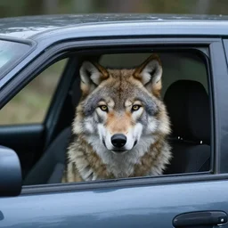 a cool wolf in a car