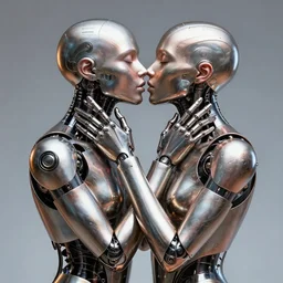 polyamorous metallic cyborgs kissing and caressing lovingly