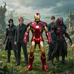 portrait of marvels ironman ( ( ( ( at court ) ) ) ) by hr giger, greg rutkowski, luis royo and wayne barlowe as a diablo, resident evil, dark souls, bloodborne monster, courtroom, elden ring creature : : in a garden, grassy field, large field in the background