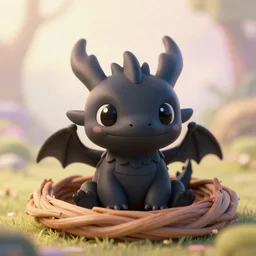 a portrait of a cute happy tiny black chibi dragon in a nest, black eyes, artstation, by magali villeneuve, depth of field, beautiful lighting, pastel colors, bokeh, fantasy art