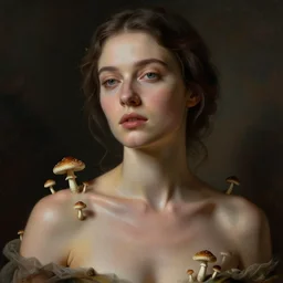 portrait of a woman, who has small mushrooms growing on her skin, by donato giancola and nikolay makovsky.