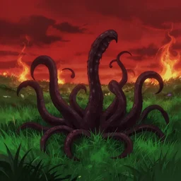 “a field with tentacles growing from the ground instead of grass, eerie, creepy, fire and flames and a red sky in the background, anime style, trending on artstation”
