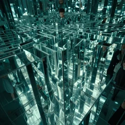 distorted perspective extremely detailed movie still of a distorted mirror maze by denis villenueve, ultra wide angle, trippy, wavy, 4 d