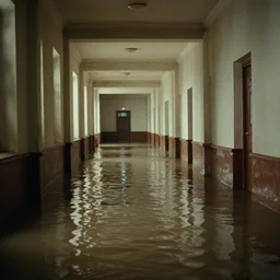 7 0 s movie still of an empty soviet stalinist style hallway flooded in water, eastmancolor, heavy grain, high quality, high detail