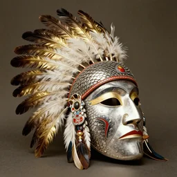 vintage photo of futuristic native american shaman mask with chrome scales and gold feather plumes by edward s curtis
