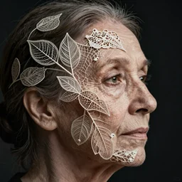 a 7 0 year old woman's face in profile, made of intricate decorative lace leaf skeleton, in the style of the dutch masters and gregory crewdson, dark and moody, depth of field