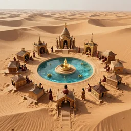 The spiritual village of an ancient tribe inhabited by sacred warriors, built around the water of an oasis in the center of a vast sand desert, concept art, game art, trending on art station, digital 2d, matte painting
