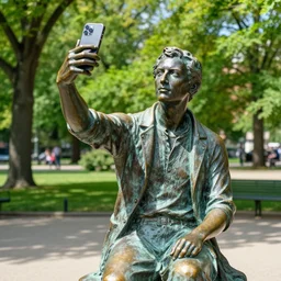 photo still of a bronze statue of a person using an iphone to take a selfie, park on a bright sunny day, 8 k 8 5 mm f 1 6