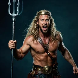 screaming Ryan Gosling as Poseidon with trident and crown on head, the king of the sea, ready to fight, matte painting, dark colors