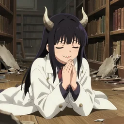 cute japanese girl with small horns, sharp and pointy vampire teeth, dressed in an old white coat, praying on the floor of a destroyed library, with her eyes and mouth closed and a smile, detailed artwork by Yoji Shinkawa