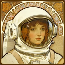 a astronaut helmet in the style of alphonse mucha