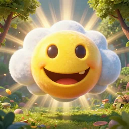fantastical vibrant bulbous!!!!!!!!!!! smiley face emoji shaped cloud with holes for eyes and mouth, in a nature scene by marc adamus, high definition, rays of light breaking behind the emoji, 😃😀😄☺🙃😉😗, cheerful, rave art