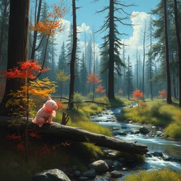 bubblegum in the woods by a stream, river gorgeous lighting, lush forest foliage blue sky a hyper realistic painting by chiara bautista and beksinski and norman rockwell and greg rutkowski, tom bagshaw weta studio, and lucasfilm