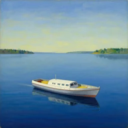 a beautiful painting of a space boat floating on a great lake by moebius