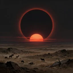 eerie black sun rises over a wasteland, highly detailed, digital painting, artstation, concept art, sharp focus, illustration, by Evgeny Lushpin