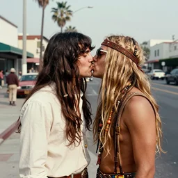 a street in los angeles with 2 kissing hippy's in 1 9 7 0. 7 0's color