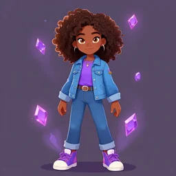 [ hazel levesque ] a dark skinned fourteen year old black girl with curly brown hair and amber eyes, [ fullbody ], wearing a purple shirt and a blue jean jacket, jeans, sneakers, powerful, adorable, gem and magic theme, daughter of pluto, art by loish, stanley lau, greg rutkowski, wlop, annie leibovitz