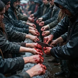 a line of people waiting for their turn to have their hands cut off, a executioner is chopping the hands off, there are allready many hands cut off and many people have gotten rid of their hands already, lots of blood, rainy mood, ultra realistic, cinematic, 8 k