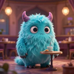 little fluffy monster in a lovely iranian cafe. upcoming 3 d animation by an indie studio, rimlighting, depth of field, limited but vibrant palette, intricate details, gothic horror, chiaroscuro, bokeh.