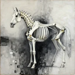horse skeletons / abstract oil painting mixed with sand in old carved wood with black and white ink splatters ( ( ( ( ( ( ( informalism ) ) ) ) ) / complementary color scheme, daguerreotype, glitch art, great volume and textures with very strong brush strokes, highly detailed, intrincate, fantasy, elegant / octane, lumen unreal 5