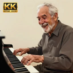 smiling old man with tears of joy playing piano, digital art, 8 k, detailed
