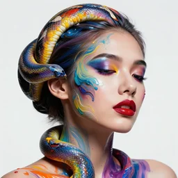 slithering twists of colored paint, beautiful womans face