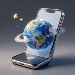 concept art, drawing 3 d of a phone where a planet seems to pop out of the phone screen