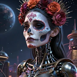 ultra detailed, beautiful crying! female android!, intricate detailed environment, photorealistic!, octane render, concept art, cinematic, interstellar, sharp, cyberpunk, bladerunner 2 0 4 7, 8 k, el dia los muertos, by angus mckie, moebius!, maciej kuciara, stanley lau, artgerm, greg rutkowski, mucha