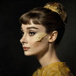 a audrey hepburn face in profile made of leaf skeleton in the style of the dutch masters and gregory crewdson dark and moody