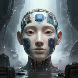 realistic illustration portrait of a CPU-face with neural implants designed by Hajime Sorayama and frank gehry, inside moody detailed alien interiors, backlit fog, designed by Larry Elmore Kerlaft and Pixar, photorealistic, octane render, studio lighting, 8k, hd