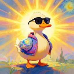 a duck in vast cyberspace glitching through the sunshine, sunburst background, wearing sunglasses, futuristic clothes, vibrant colors, glitchy, rule of thirds, spotlight, drips of paint, expressive, passionate, by francoise nielly, by van gogh, digital painting
